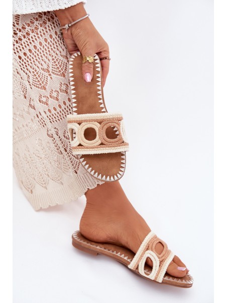 Crocheted women's slippers on a flat heel beige Nirina