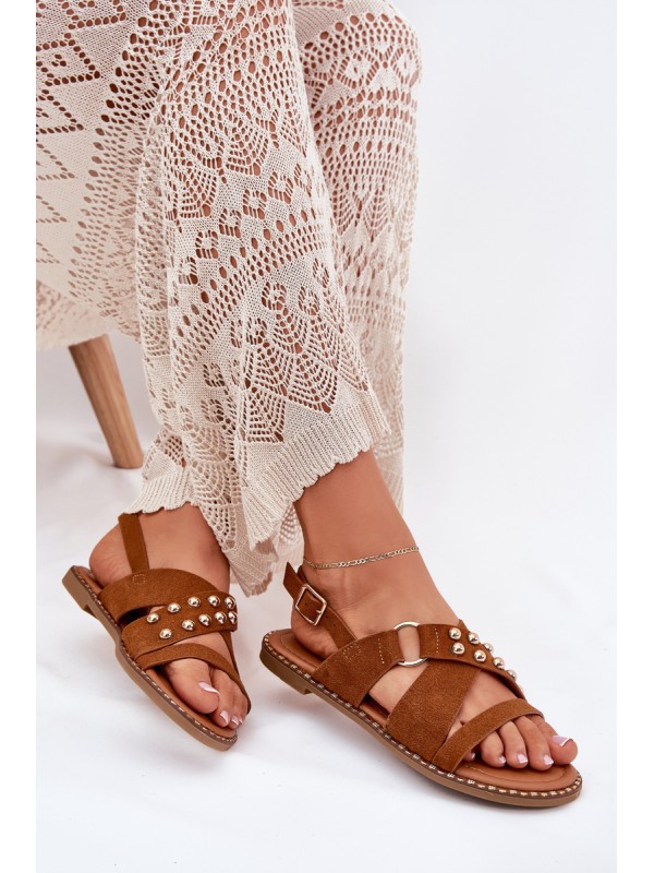 Women's Flat Sandals With Golden Studs Camel Zanira
