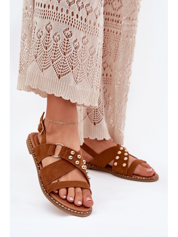Women's Flat Sandals With Golden Studs Camel Zanira