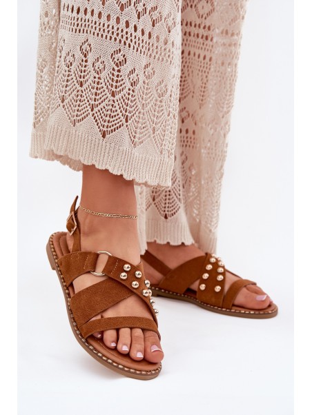 Women's Flat Sandals With Golden Studs Camel Zanira