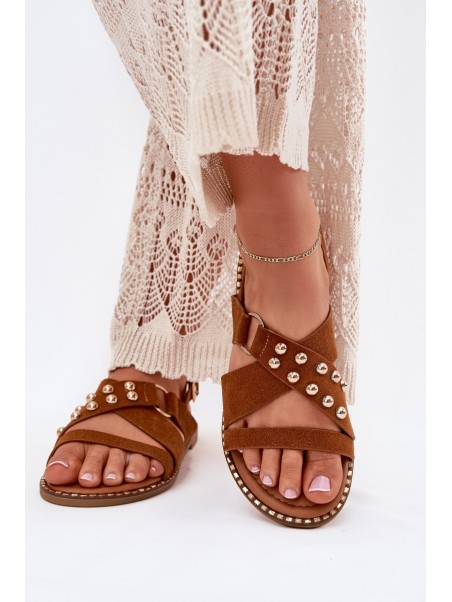 Women's Flat Sandals With Golden Studs Camel Zanira