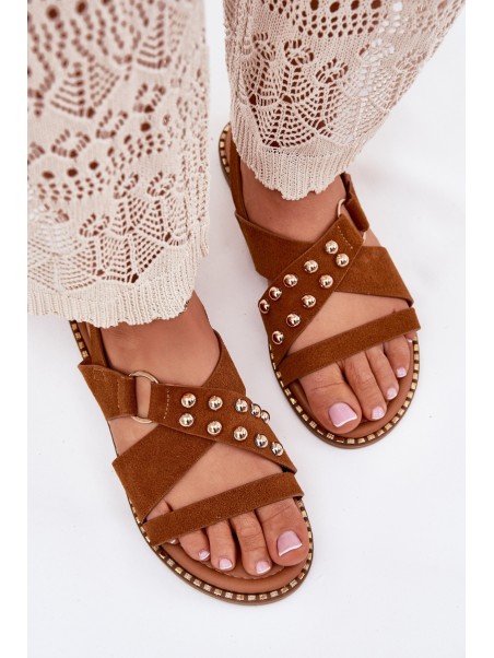 Women's Flat Sandals With Golden Studs Camel Zanira