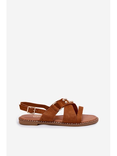 Women's Flat Sandals With Golden Studs Camel Zanira