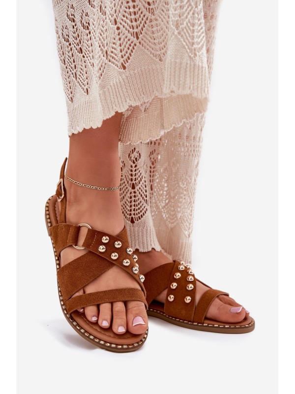Women's Flat Sandals With Golden Studs Camel Zanira