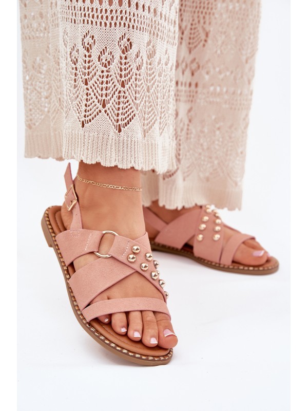 Women's Flat Heel Sandals With Golden Studs Pink Zanira