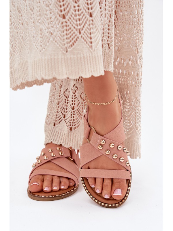 Women's Flat Heel Sandals With Golden Studs Pink Zanira 2
