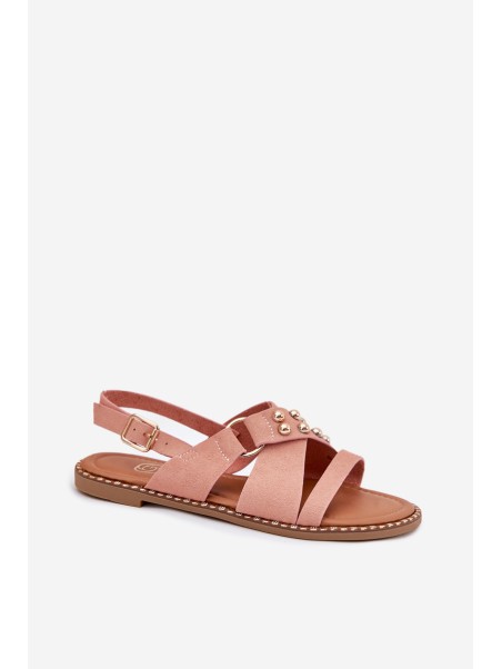 Women's Flat Heel Sandals With Golden Studs Pink Zanira