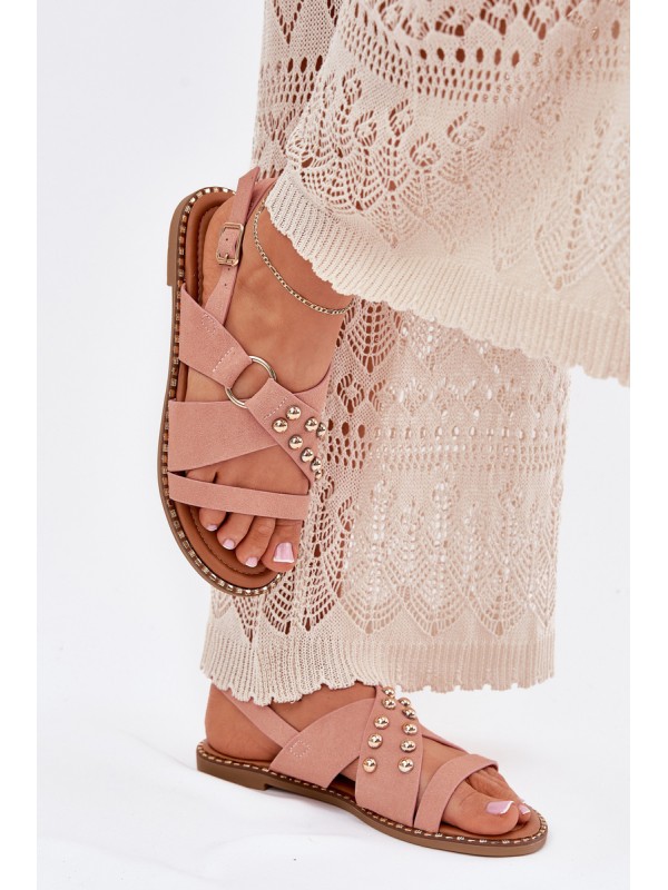 Women's Flat Heel Sandals With Golden Studs Pink Zanira