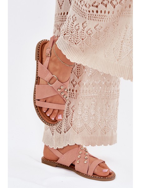 Women's Flat Heel Sandals With Golden Studs Pink Zanira