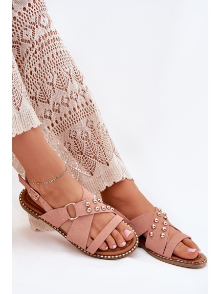 Women's Flat Heel Sandals With Golden Studs Pink Zanira