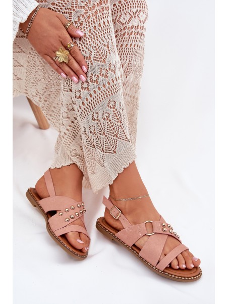 Women's Flat Heel Sandals With Golden Studs Pink Zanira