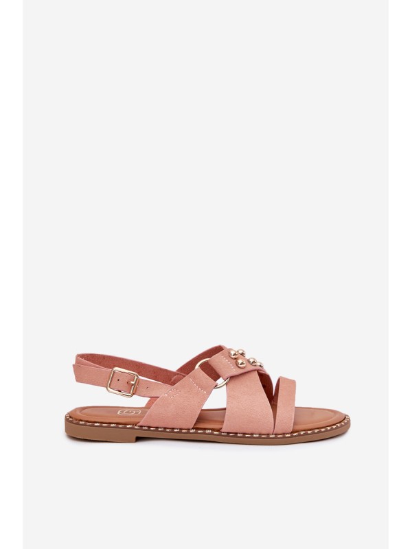 Women's Flat Heel Sandals With Golden Studs Pink Zanira
