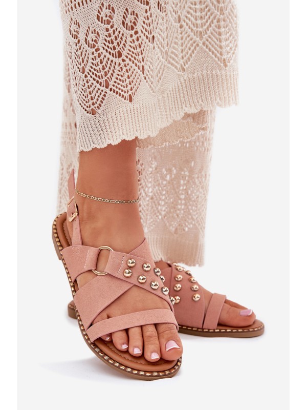 Women's Flat Heel Sandals With Golden Studs Pink Zanira