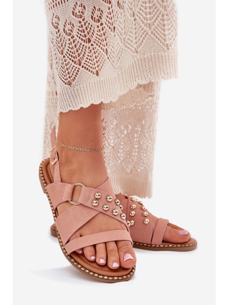 Women's Flat Heel Sandals With Golden Studs Pink Zanira