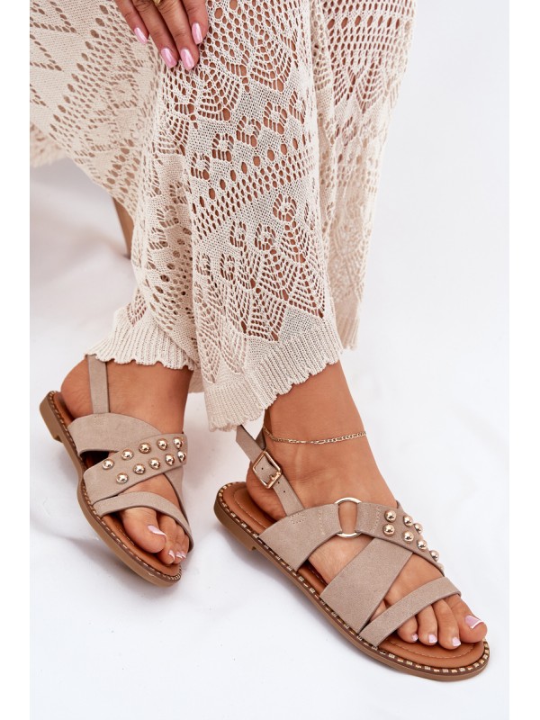 Women's Flat Heeled Sandals With Gold Studs Beige Zanira