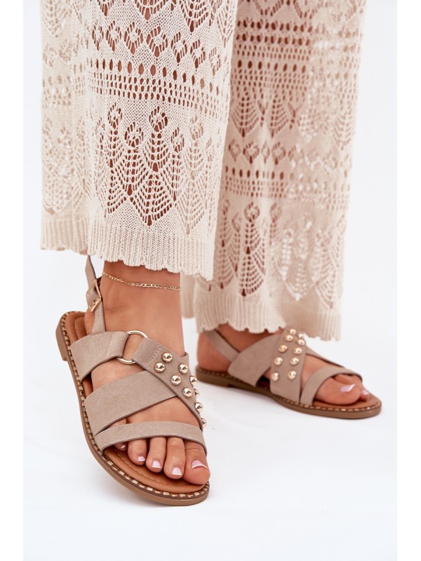 Women's Flat Heeled Sandals With Gold Studs Beige Zanira 2