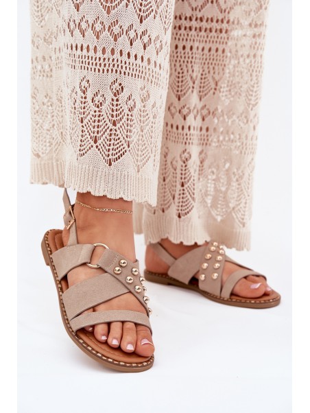 Women's Flat Heeled Sandals With Gold Studs Beige Zanira