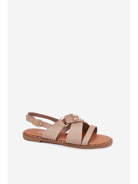 Women's Flat Heeled Sandals With Gold Studs Beige Zanira