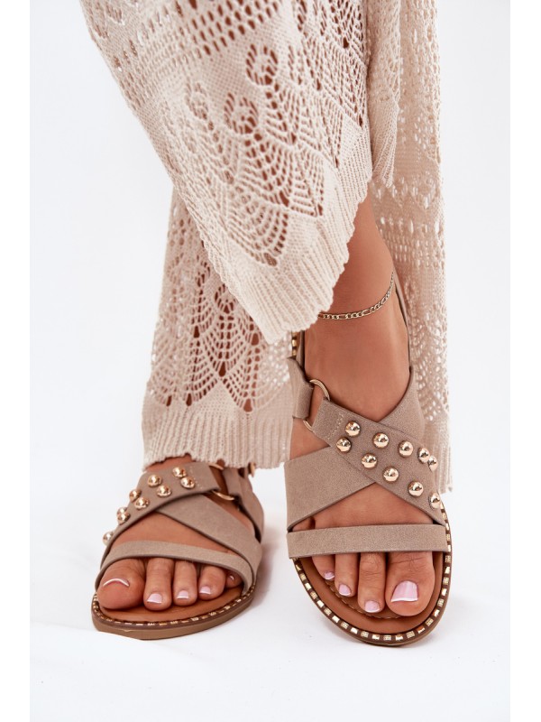 Women's Flat Heeled Sandals With Gold Studs Beige Zanira