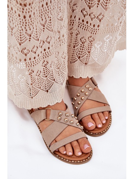 Women's Flat Heeled Sandals With Gold Studs Beige Zanira