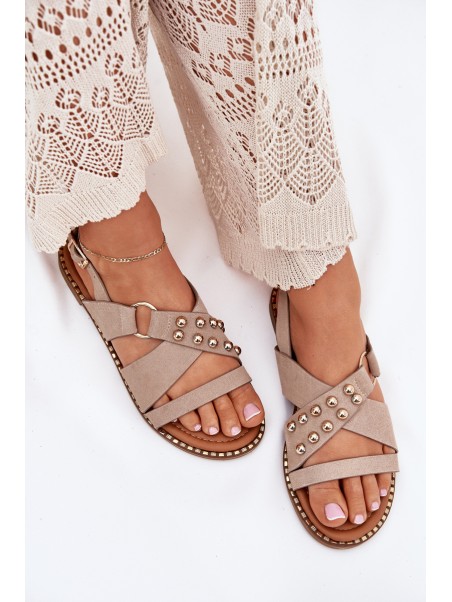 Women's Flat Heeled Sandals With Gold Studs Beige Zanira