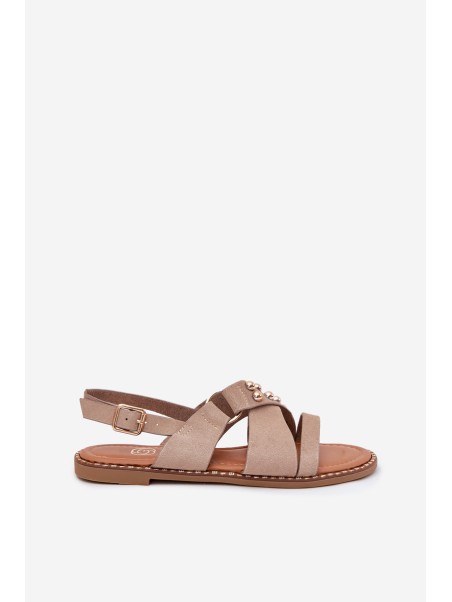 Women's Flat Heeled Sandals With Gold Studs Beige Zanira