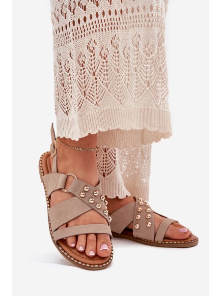 Women's Flat Heeled Sandals With Gold Studs Beige Zanira