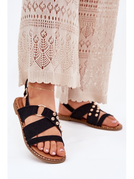 Women's sandals on flat heels with golden studs black Zanira