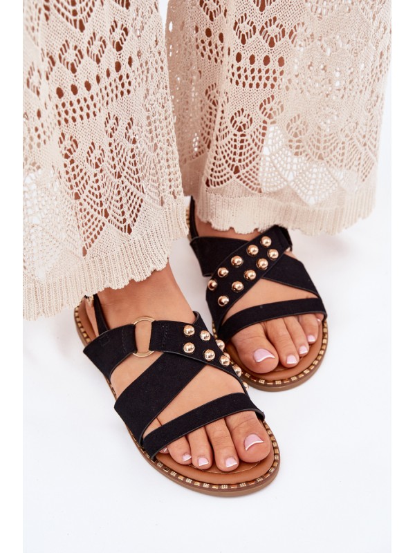 Women's sandals on flat heels with golden studs black Zanira