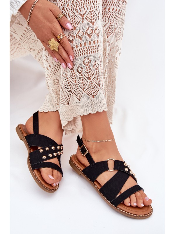 Women's sandals on flat heels with golden studs black Zanira
