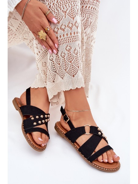 Women's sandals on flat heels with golden studs black Zanira