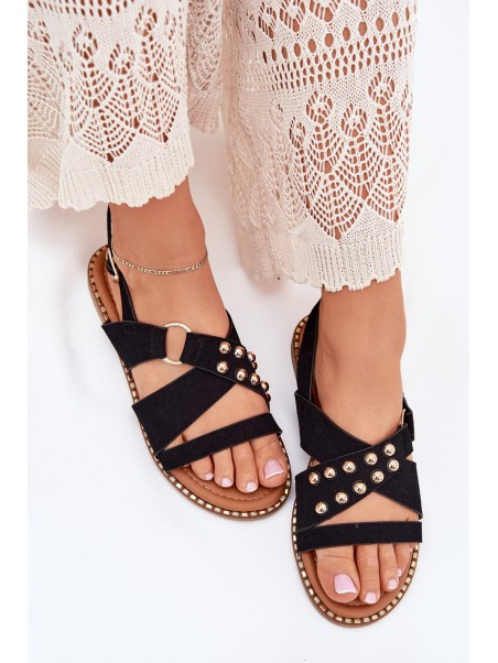 Women's sandals on flat heels with golden studs black Zanira