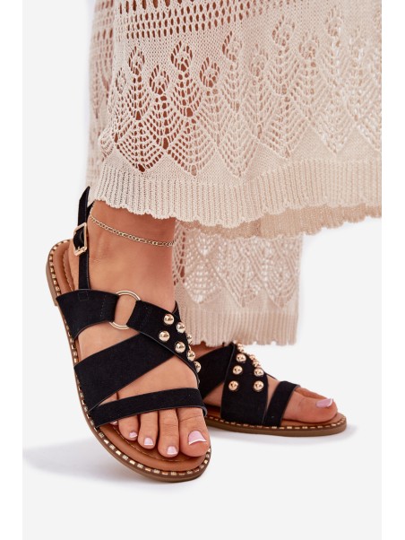 Women's sandals on flat heels with golden studs black Zanira