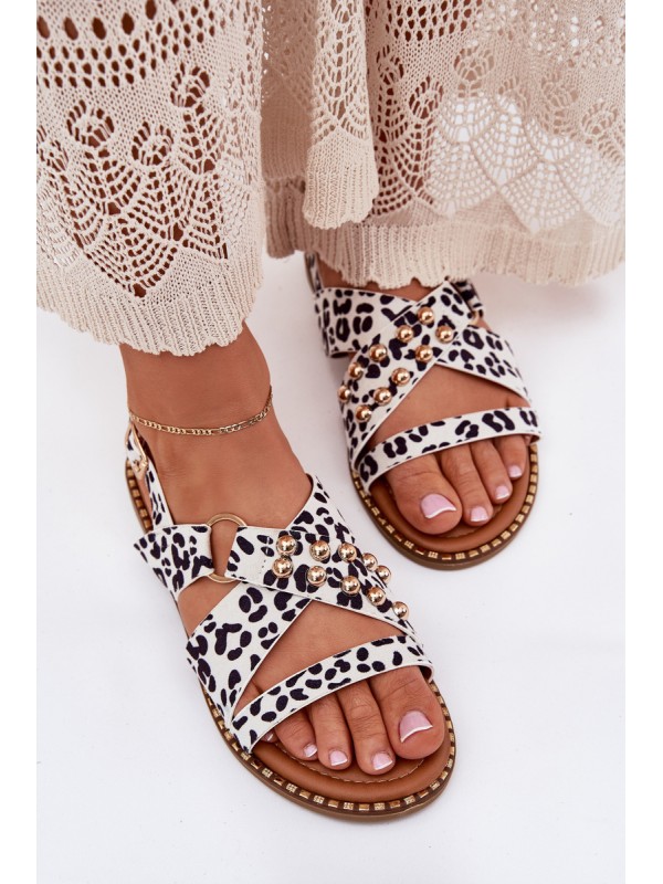 Women's Flat Sandals With Golden Studs Black-White Zanira