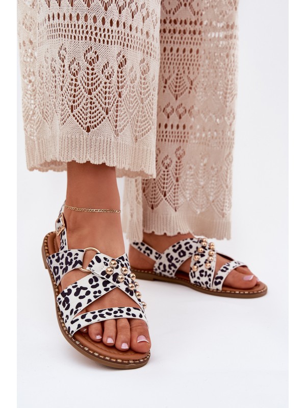 Women's Flat Sandals With Golden Studs Black-White Zanira 2