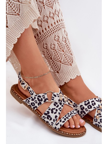 Women's Flat Sandals With Golden Studs Black-White Zanira