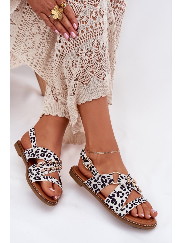 Women's Flat Sandals With Golden Studs Black-White Zanira