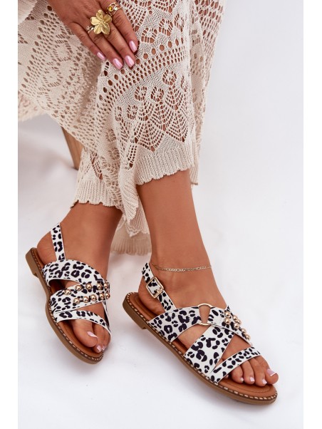 Women's Flat Sandals With Golden Studs Black-White Zanira