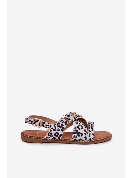 Women's Flat Sandals With Golden Studs Black-White Zanira