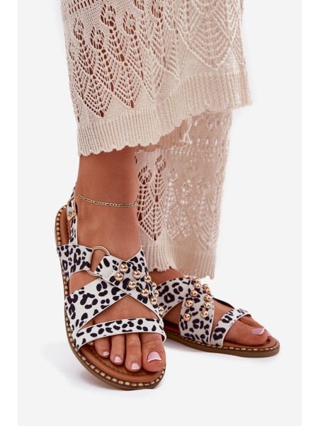 Women's Flat Sandals With Golden Studs Black-White Zanira
