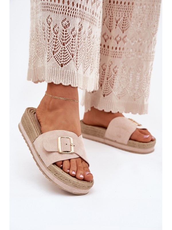 Women's Platform Sandals With Golden Buckle Beige Selira