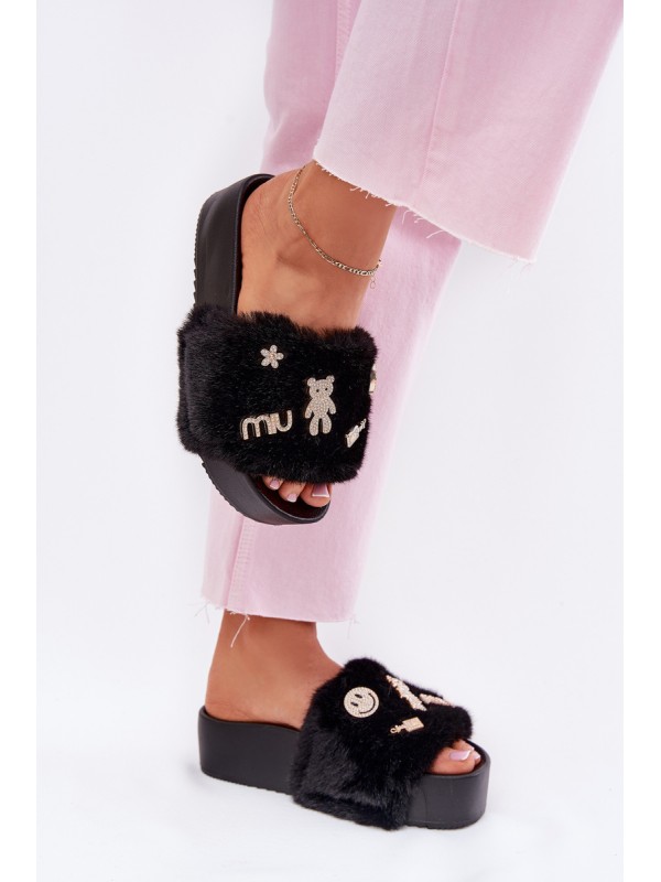 Ladies Platform Slippers With Fur And Gold Clips Black Livira