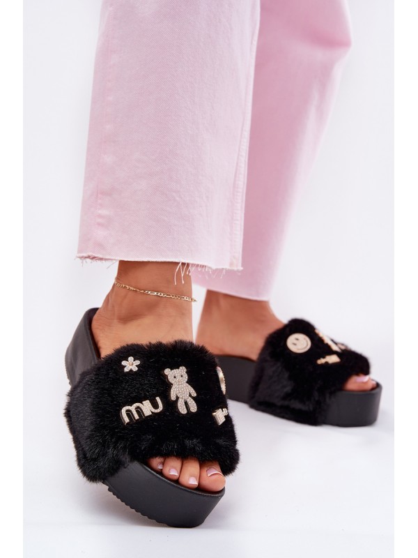 Ladies Platform Slippers With Fur And Gold Clips Black Livira 2