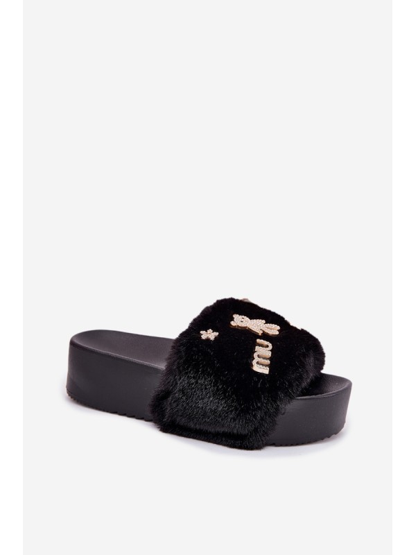 Ladies Platform Slippers With Fur And Gold Clips Black Livira