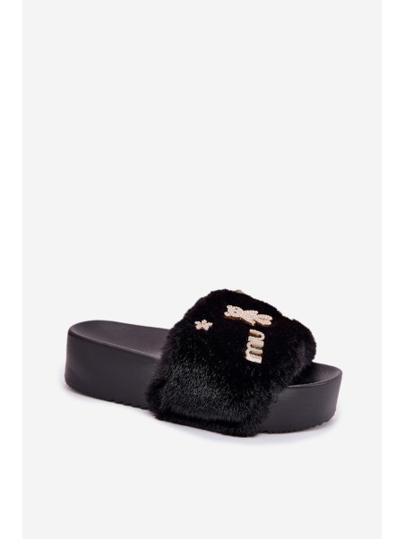 Ladies Platform Slippers With Fur And Gold Clips Black Livira
