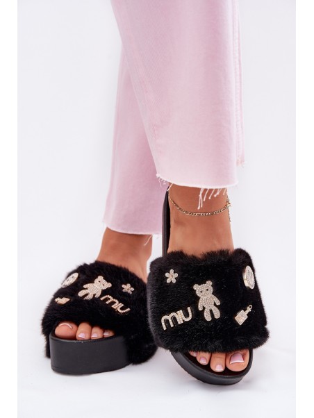 Ladies Platform Slippers With Fur And Gold Clips Black Livira