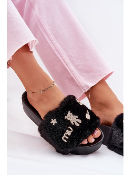 Ladies Platform Slippers With Fur And Gold Clips Black Livira