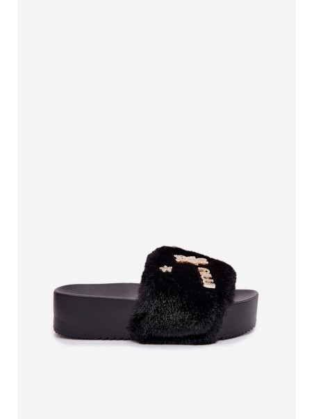 Ladies Platform Slippers With Fur And Gold Clips Black Livira