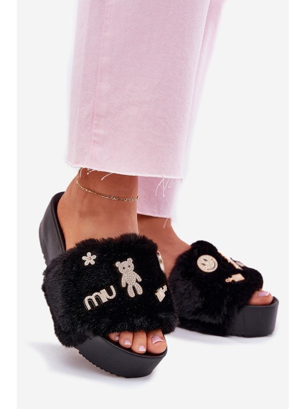Ladies Platform Slippers With Fur And Gold Clips Black Livira