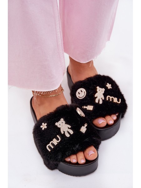 Ladies Platform Slippers With Fur And Gold Clips Black Livira